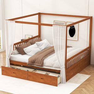 English Elm Wooden Canopy Queen Bed Solid Frame with Built-in Storage Drawers Slatted Base Walnut N7090005037L