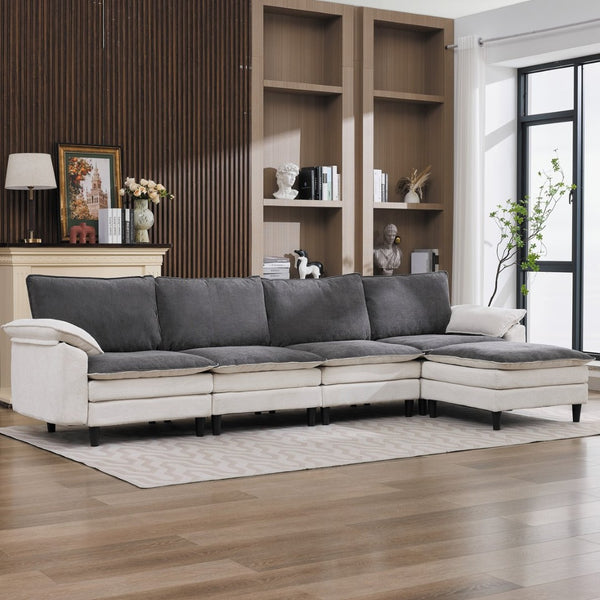 English Elm 129.92" Chenille Cloud Sectional Modular L Shaped Sofa with Ottoman Deep Lounge Seating W5029S00003