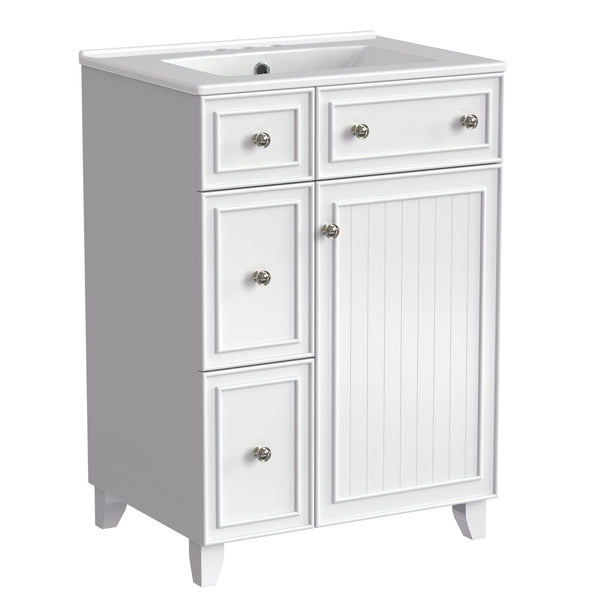 English Elm 24-Inch Bathroom Vanity Cabinet with Ceramic Sink, Space-Saving Storage, Solid Wood Feet, Durable Finish White WF532034AAK