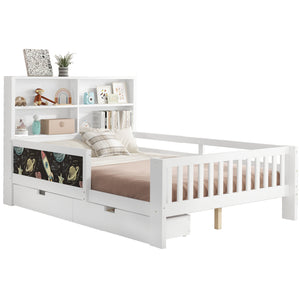 English Elm Full Solid Wood Platform Bed with Chalkboard Headboard, Storage Drawers & Shelves, Kid-Friendly White Off White W1580P362707