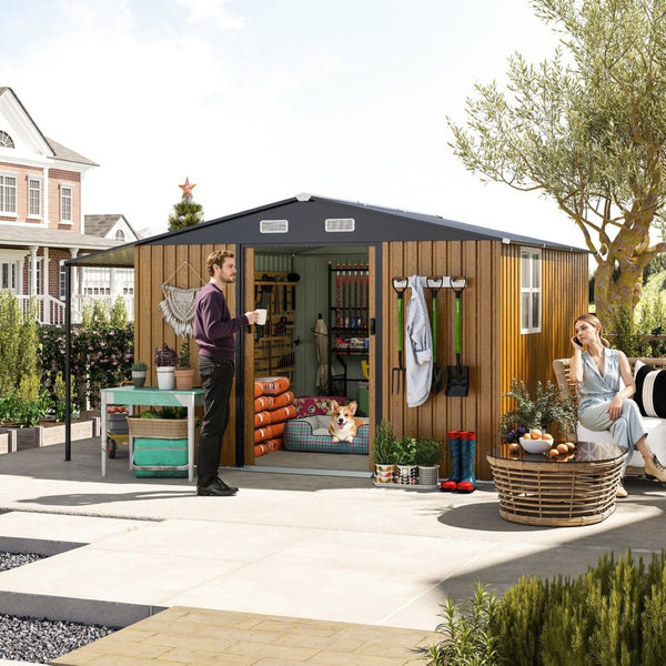 English Elm 10x12 Ft Galvanized Steel Outdoor Shed Dual Zone Lockable Sliding Doors Backyard Storage Yellow W1598S00033