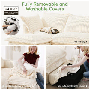 English Elm Slipcovered 4-Seater Sofa In Cream Corduroy, Cloud-Like Comfort, Removable Covers, Modular Design W3041S00024-GIGA