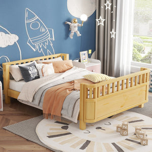 English Elm Full Full Size Wood Platform Bed for Kids with Guardrail, Solid Pine Construction, Low Profile, 350LB Capacity, Natural Finish W2593P367066