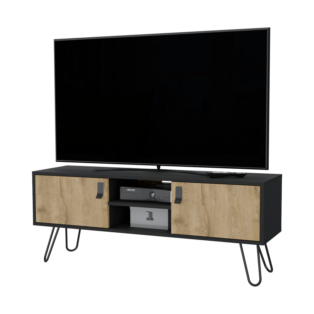 English Elm Kimball Modern Hairpin Legs TV Rack with 2 Doors, Open Shelves, Cable Management & Spacious Top B128P176179