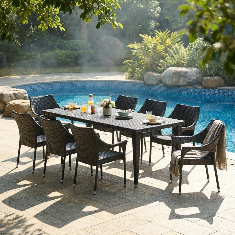 English Elm 9 Piece Outdoor Pe Rattan Dining Set Seats Eight with Powder Coated Iron Frame N762S000046AAE