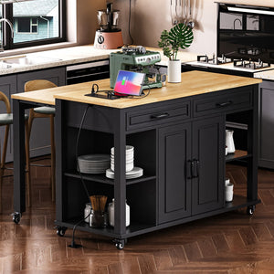 English Elm K&K 47 Inch Kitchen Island with Extendable Dining Table, Rolling Storage Cabinet, Built-In Power Black N707P215327B