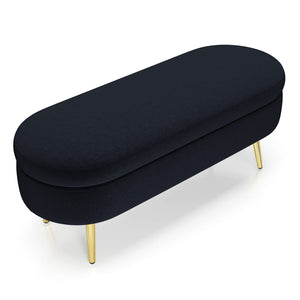 English Elm Ottoman Oval Flannel Storage Bench with Matte Metal Legs for Bedroom or Living Room Black W487P438627