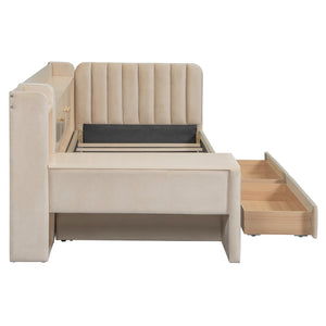 English Elm Twin Upholstered Daybed with Velvet Finish, High Back Shelves, Flip Cabinets, Drawers & Side Table Beige SF000196AAA