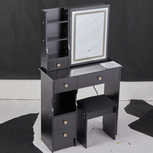 English Elm 29.2" Compact Vanity Table With Led Mirror & Cushioned Stool - Space-Saving Design For Small Rooms W936P226035