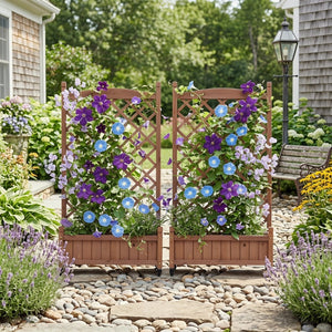 English Elm Raised Wood Planter Boxes with Integrated Trellis for Climbing Vines Set of Two D720094446