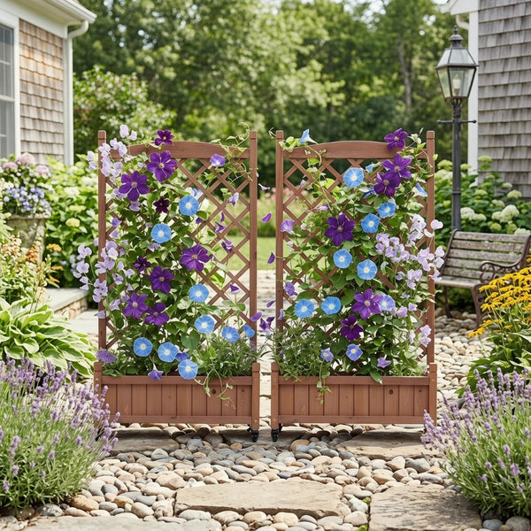 English Elm Raised Wood Planter Boxes with Integrated Trellis for Climbing Vines Set of Two D720094446