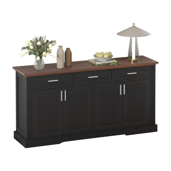 English Elm 63" Fluted Mdf Sideboard with Wood Tone Top Four Doors Three Drawers Dining Storage Black W2917S00010