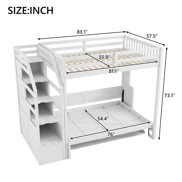 English Elm Full XL Loft Bed with Storage Staircase & Murphy Bed, Solid Pine, LED Light, Space-Saving White N7090004017K