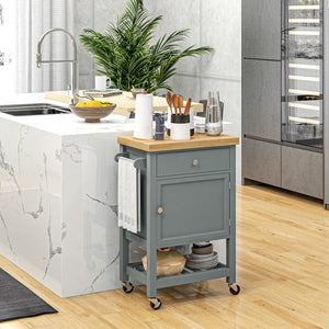 English Elm HOMCOM Rolling Kitchen Cart with Rubberwood Butcher Block Top, Drawer Cabinet Shelf & Towel Rack Gray W2225P217413