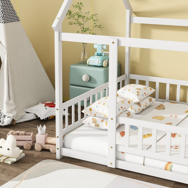 English Elm Full Size House Floor Bed With Roof Frame & Safety Guardrails - Cozy, Imaginative Retreat For Kids W504P286408