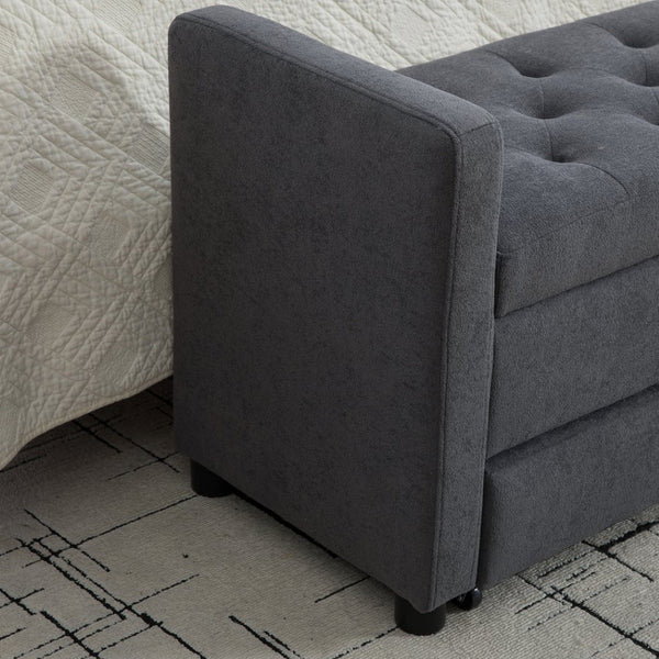 English Elm 58.27" Wide Napped Fabric Upholstered Storage Bench Rolled Armrest Caster Wheels Entryway Gray W3189P445992