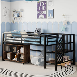 English Elm Twin Metal Loft Bed with Stairs and Six Storage Cubbies, Sturdy Metal Slat Support, Safe Low Design for Kids Black 75.2 L x 17.72 W x 9.45 H W2593P305749