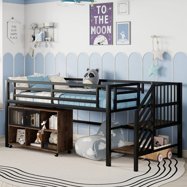 English Elm Twin Metal Loft Bed with Stairs and Six Storage Cubbies, Sturdy Metal Slat Support, Safe Low Design for Kids Black 75.2 L x 17.72 W x 9.45 H W2593P305749