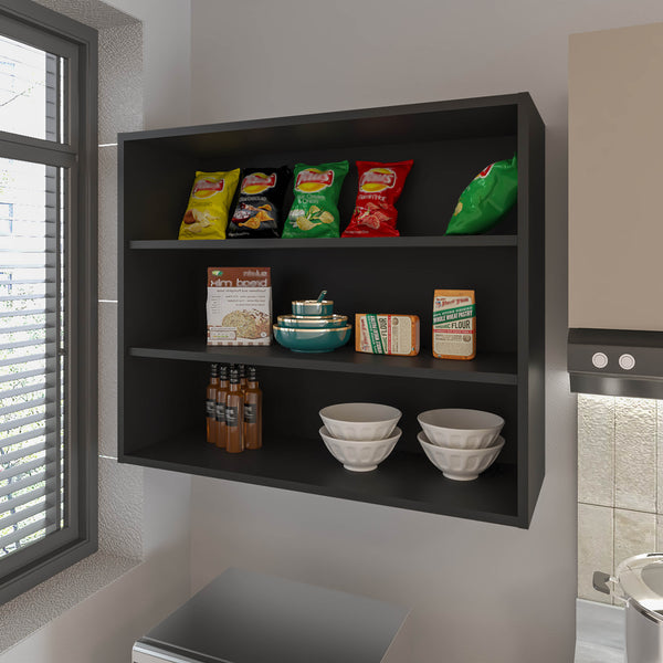 English Elm Chinle Minimalist Wall Cabinet with 3 Open Melamine Shelves for Kitchen Organization and Display Black 37 L x 30.8 W x 3.5 H B128P244992