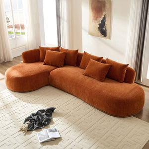 English Elm Modern L Shape Sectional Sofa 134.6" Modular Curved Chaise 6 Pillows PU Leather Base Orange W3208S00005