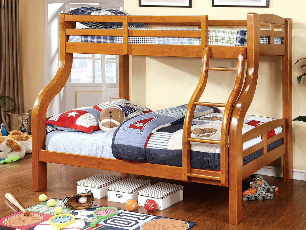 English Elm Oak Twin over Full Bunk Bed with Attached Ladder, Two Under-Bed Drawers, Modern Transitional Design Oak 25 L x 73 W x 11 H B2741S00378