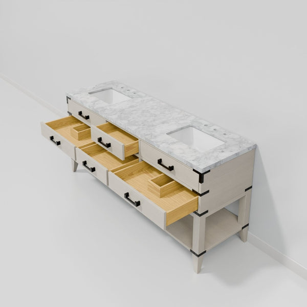 English Elm White Oak Double Bath Vanity With Luxurious Carrara Marble Top & Ample Storage For Modern Bathrooms B2731P260316-GIGA