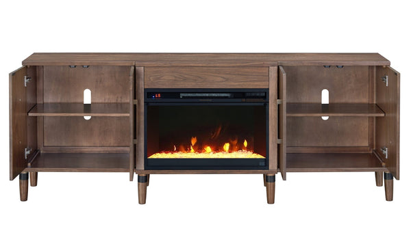 English Elm Tranquility Walnut Fireplace Tv Stand with Mid-century Legs Fits Tvs up to 90 Inches B108P411438