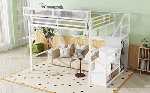 English Elm Queen Metal Loft Bed with Wardrobe Stairs and Mesh Shelves for Teen Bedroom W2580S00057
