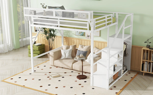 English Elm Queen Metal Loft Bed with Wardrobe Stairs and Mesh Shelves for Teen Bedroom W2580S00057