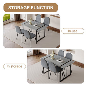 English Elm Table Set: Minimalist Retro Dining Table With Textured Top & 4 Soft Chairs, Black Metal Legs W1151S03836-GIGA