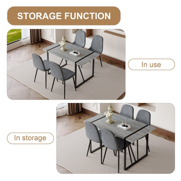 English Elm Table Set: Minimalist Retro Dining Table With Textured Top & 4 Soft Chairs, Black Metal Legs W1151S03836-GIGA