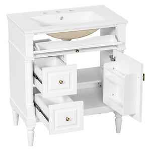 English Elm 30" Freestanding Bathroom Vanity Rubberwood Frame Ceramic Sink Flip Drawer Storage White N725P356062K