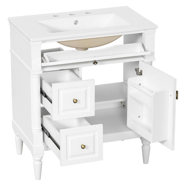 English Elm 30" Freestanding Bathroom Vanity Rubberwood Frame Ceramic Sink Flip Drawer Storage White N725P356062K