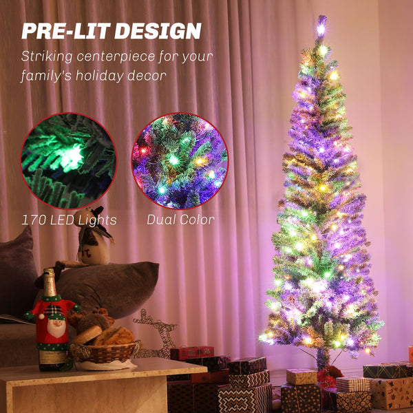 English Elm Homcom 6 Ft Snow-Flocked Pencil Christmas Tree With 170 Dual-Color Led Lights & Metal Stand W2225P249681