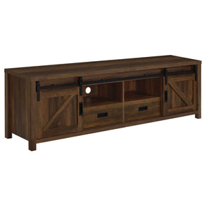 English Elm Madra Dark Pine TV Stand with Sliding Doors, 2-Drawer Storage, Rustic Modern Engineered Wood Console B062P344954