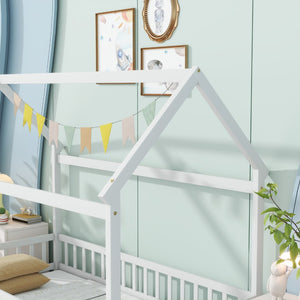 English Elm Twin Size House Floor Bed With Roof Frame & Safety Guardrails - Cozy Wooden Design For Kids' Rooms W504P286403-GIGA