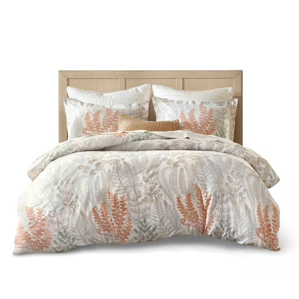 English Elm 3-piece Botanical Cotton Sateen Duvet Set with 300tc Earthy Print and Shell Buttons B035P408291