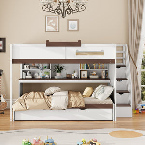 English Elm House-shaped Pine Bunk Bed with Built-in Slide Storage Staircase Twin Over Full Kids Frame White N820S00067K