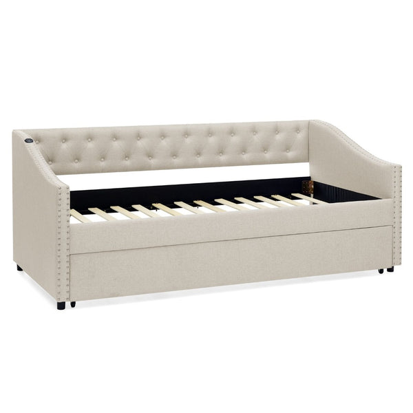 English Elm Twin Daybed with Pull Out Trundle Usb Charging Tufted Upholstered Sofa Guest Bed Beige W1413S00156