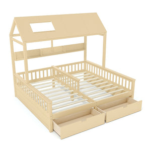 English Elm Double Twin House Bed Pine Wood Frame Kids Playhouse Bunk with Storage Drawers Natural W5305S00007