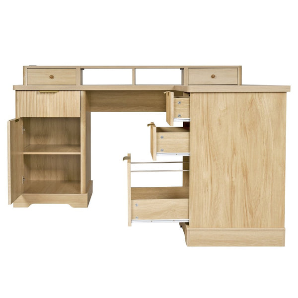 English Elm 59" Fluted Oak L-shaped Corner Desk with Charging Station Monitor Stand and File Storage Light Oak W2917S00005