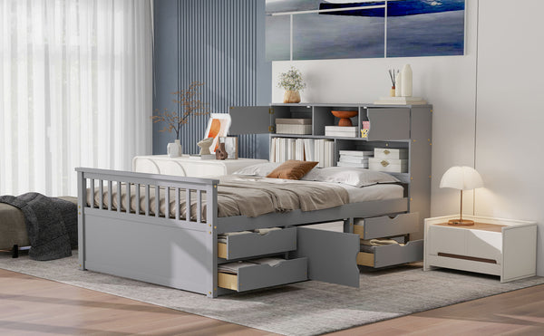 English Elm Full Size Captain Platform Bed Frame With Storage, Bookcase Headboard & Configurable Drawers, Gray N7090000473E