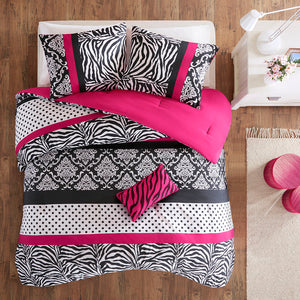 JLA Home Mi Zone - Comforter bold black white and pink damask, zebra and polka dot mix with antimicrobial freshness protection 102 L x 90 W x 1H MZ10-484