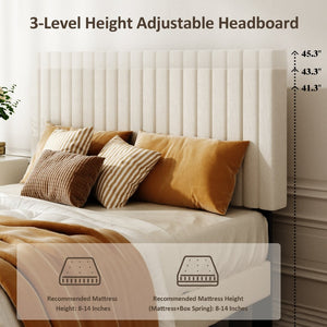 English Elm Queen Velvet Tufted Platform Bed Adjustable Headboard Steel Frame No Box Spring Beige W5239P502685