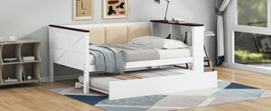 English Elm Twin Pine Wood Daybed with Trundle Upholstered Backrest Storage Shelf and Usb Port N7090002232K