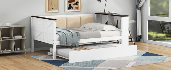 English Elm Twin Pine Wood Daybed with Trundle Upholstered Backrest Storage Shelf and Usb Port N7090002232K