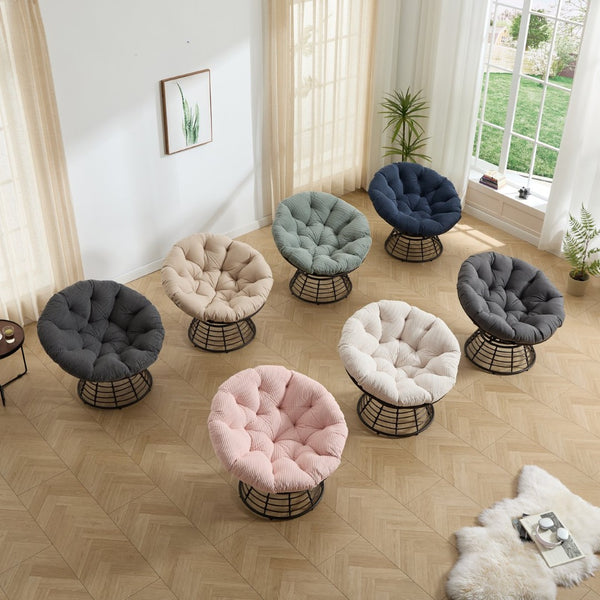 English Elm Comfortable Rattan Papasan Swivel Chair Overstuffed Corduroy Cushion Indoor Outdoor Lounge W640P443557