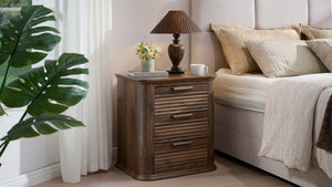 English Elm 22" Fluted Wood Nightstand with Built-in Charging Station Three Drawer Bedside Storage T5326P431148
