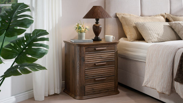 English Elm 22" Fluted Wood Nightstand with Built-in Charging Station Three Drawer Bedside Storage T5326P431148