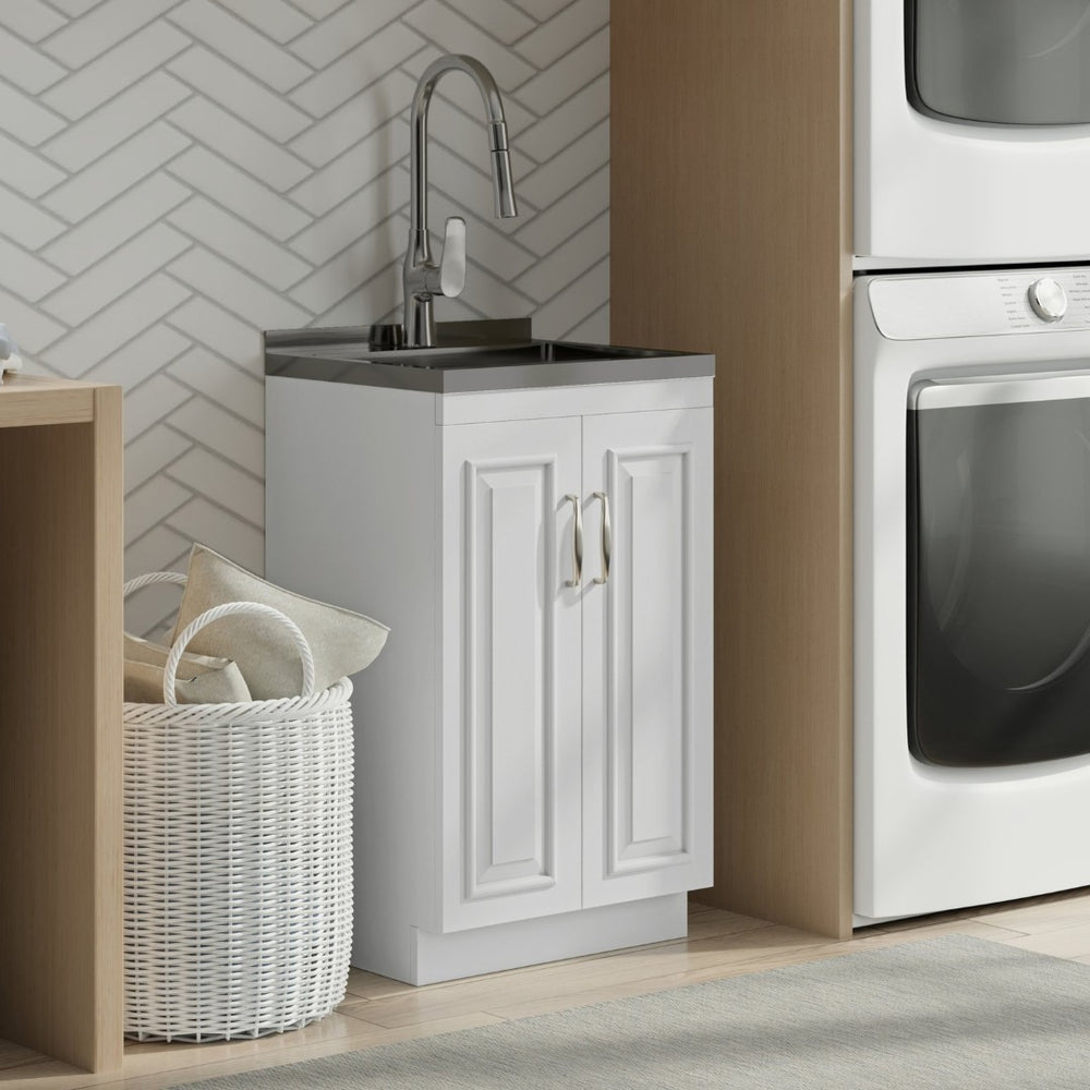 English Elm Darwin Stainless Steel Utility Sink with Shaker Cabinet for Laundry and Garage B136P427213